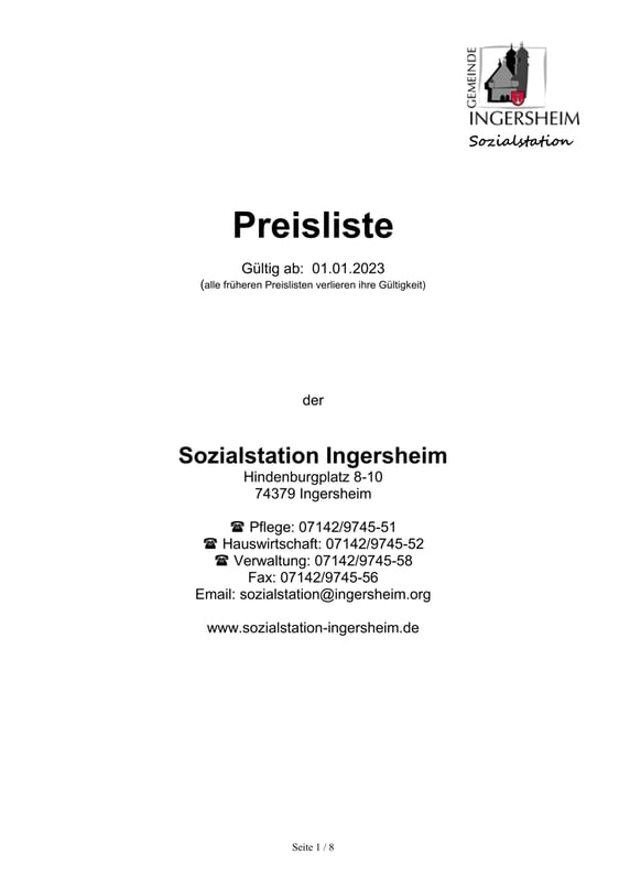 Preisliste Sozialstation gültig ab 01.01.2023