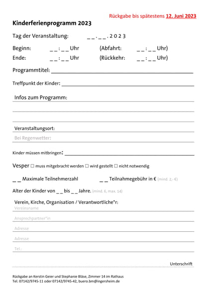 Anmeldeformular für Vereine, Kirchen, Parteien, Organisationen etc.