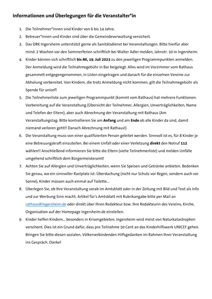 Informationen für Veranstalter zum Kinderferienprogramm