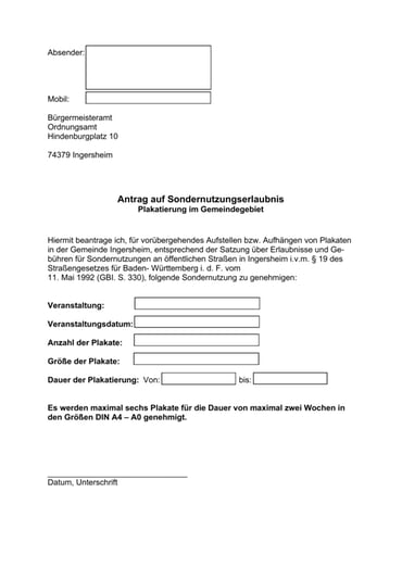 Antrag auf Plakatierung im Gemeindegebiet