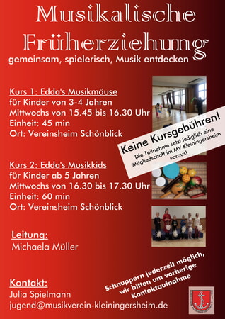 Kennst du schon Edda? Edda ist das wohl kleinste und niedlichste Mitglied im Musikverein Kleiningersheim e.V. Bereits im Jahr 2016 stieß die muntere Musikmaus mit ihrem alten klapprigen Koffer zu uns. Gemeinsam mit ihrer Freundin Michaela und den Kindern der musikalischen Früherziehung erkundet sie neugierig die spannende Musikwelt und so erleben alle Teilnehmer allerlei Aufregendes und Interessantes. Ob Singen, Sprechen, Tanzen, Klatschen, Trommeln, Klangerfahrungen mit unterschiedlichen Instrumenten oder Kennenlernen und Einsetzen des Körpers als Musikinstrument- Edda und Judith probieren alles mit euch aus. Hast auch du Lust das Abenteuer zu wagen und gemeinsam mit Edda eine Entdeckungsreise in die bunte Welt der Musik zu unternehmen? Kein Problem - Schnuppern ist jederzeit möglich! Schreibe einfach eine Mail an jugend@musikverein-kleiningersheim.de und du erhältst alle wichtigen Infos! Wir freuen uns auf dich!