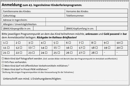 Anmeldeformular Kinderferienprogramm